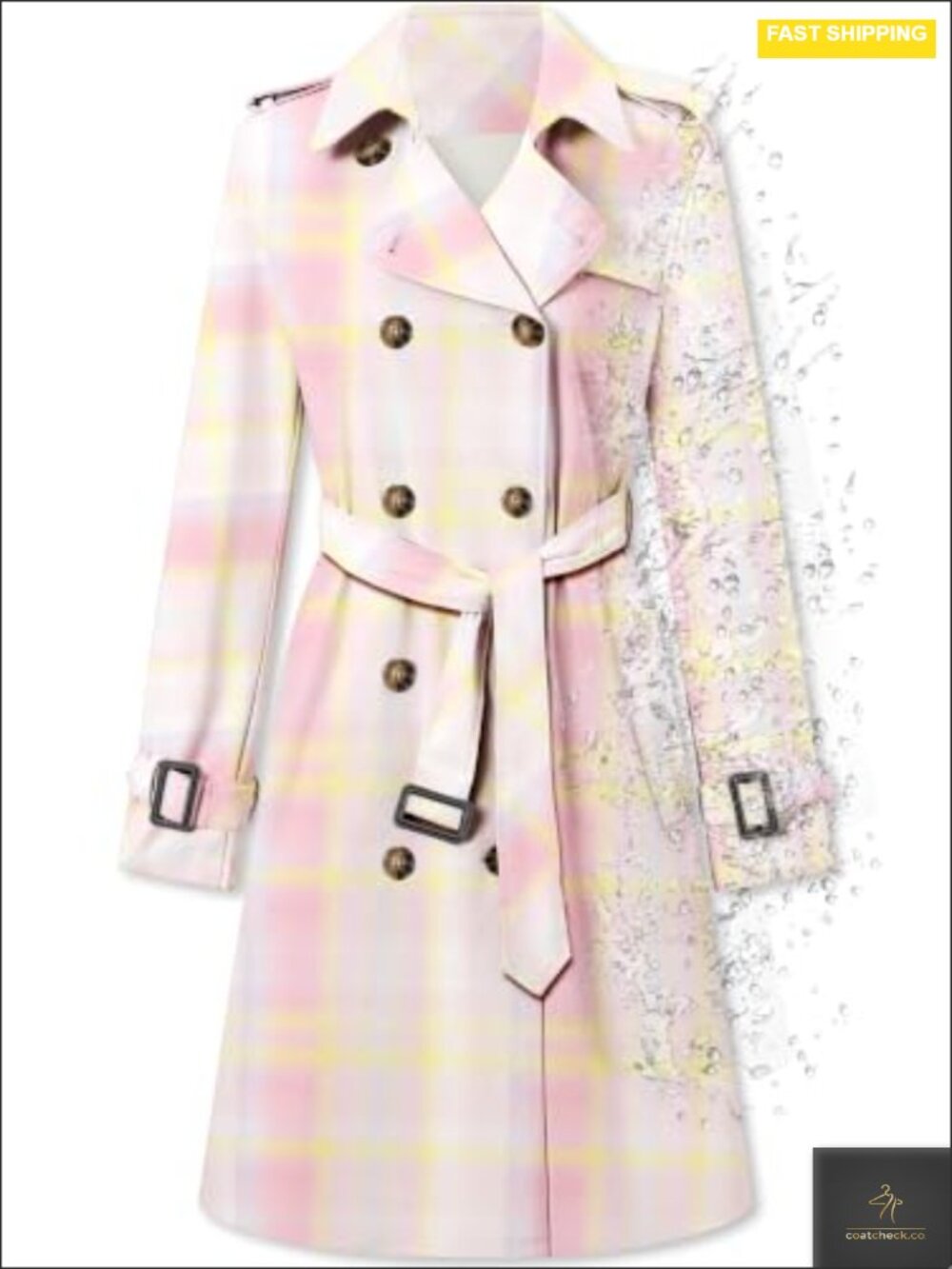 Women's Double-Breasted Water-Repellent Belted Trench Coat, Plaid